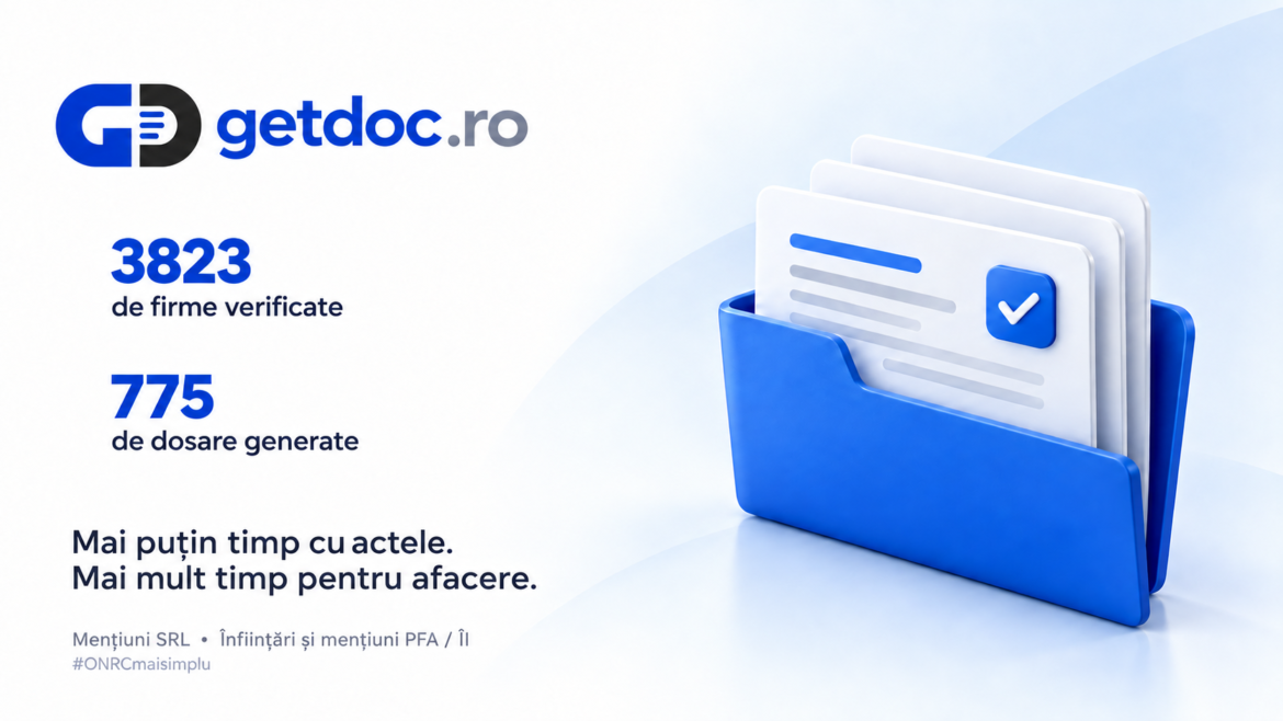 GetDoc: 3.823 de firme verificate și 700 de dosare generate pentru documente ONRC